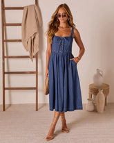Zolah Lace Up Denim Midi Dress