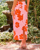 Checked Romance Floral Gingham Print Midi Skirt