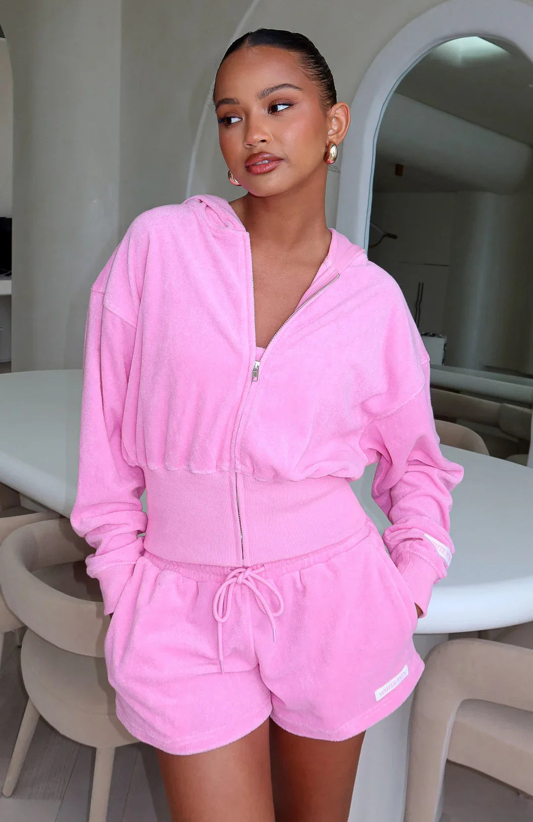 Causing Commotion Terry Cropped Cinched Zip Front Hoodie Pink