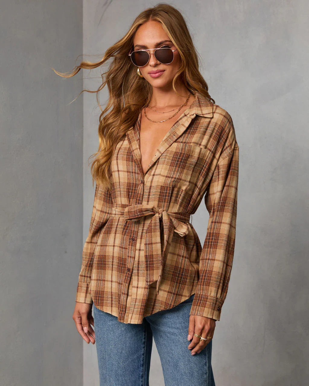 Sable Marie Plaid Waist Tie Shirt Jacket