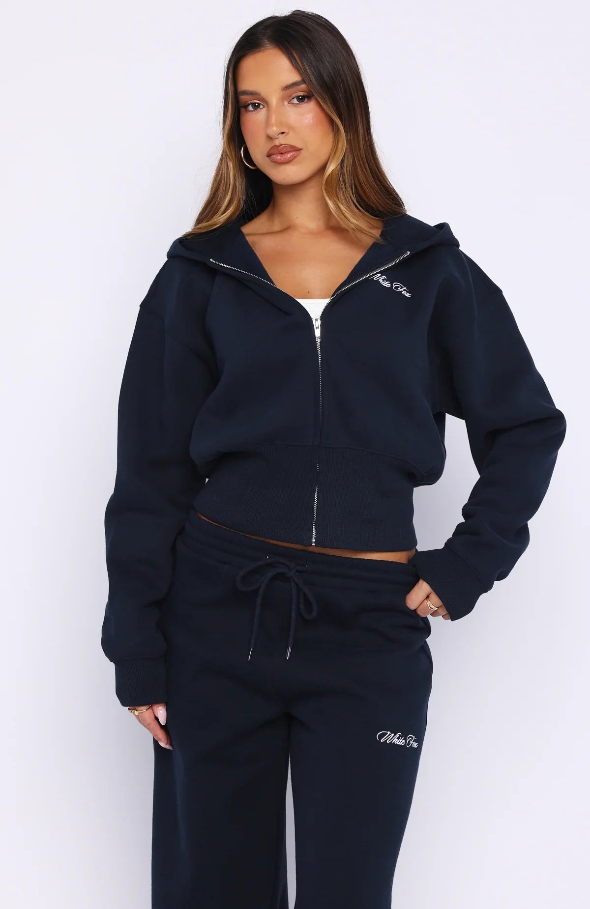 Wishing For It Cropped Cinched Zip Front Hoodie Navy