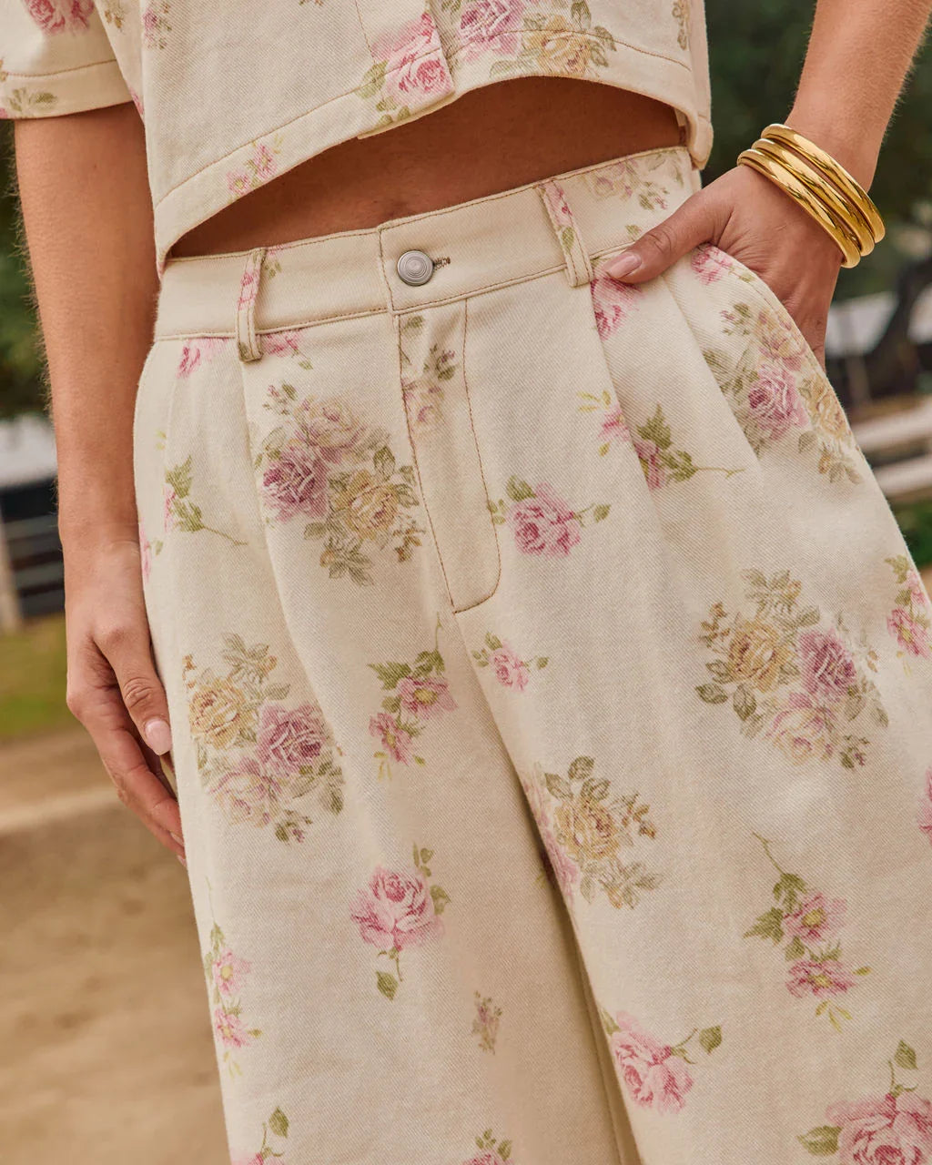 Junelle Rigid High Rise Wide Leg Pleated Floral Jeans