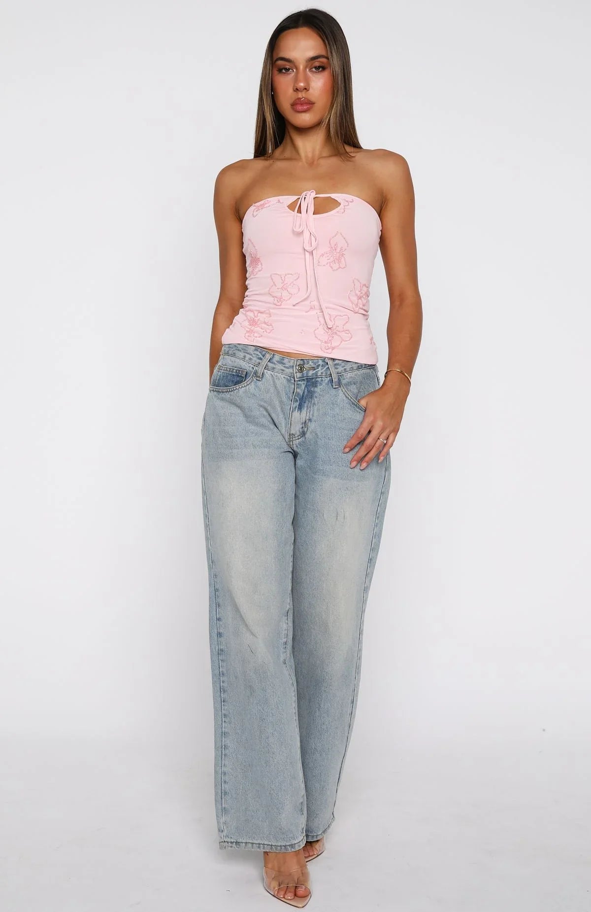 Glow Season Beaded Strapless Top Baby Pink