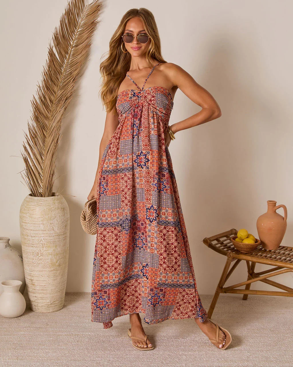 Eliora Tropical Print Halter Maxi Dress
