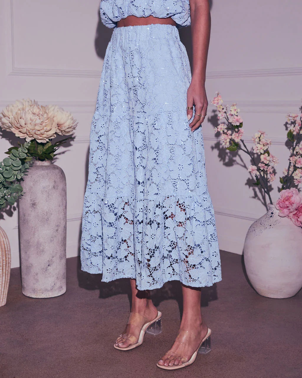 Morning Dew Floral Lace Midi Skirt