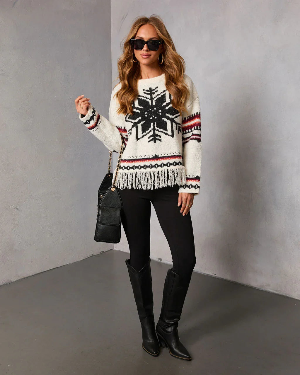 Dreval Fringe Snowflake Fair Isle Sweater