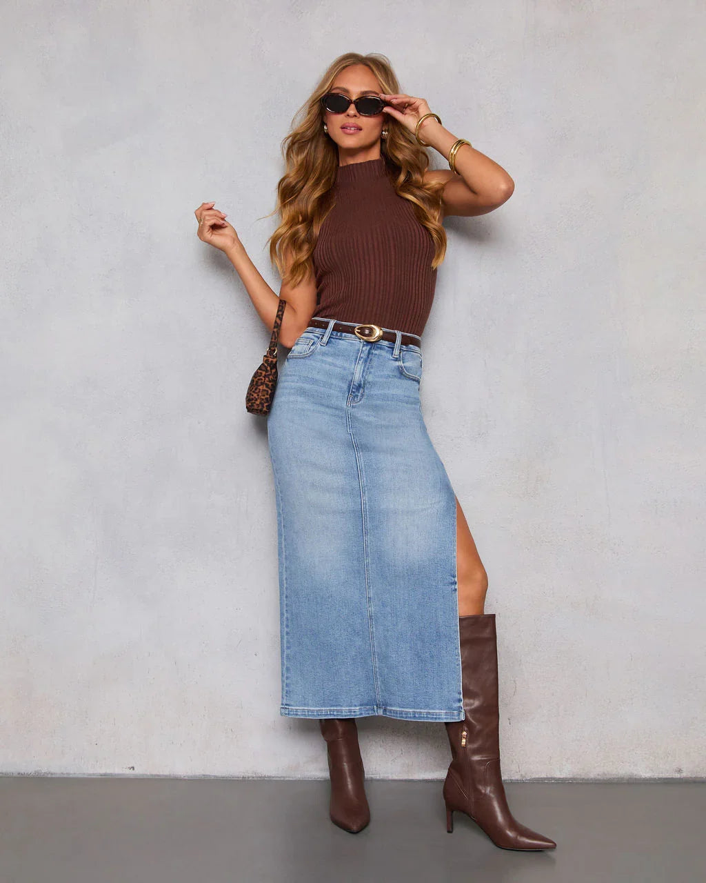 Chic Side Slit Denim Midi Skirt