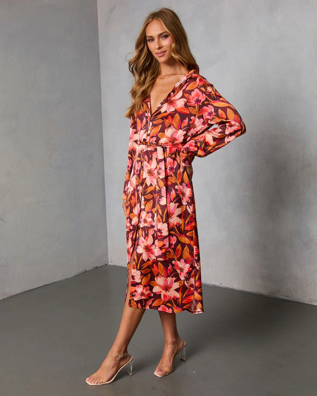 Fall Gardens Floral Satin Midi Dress