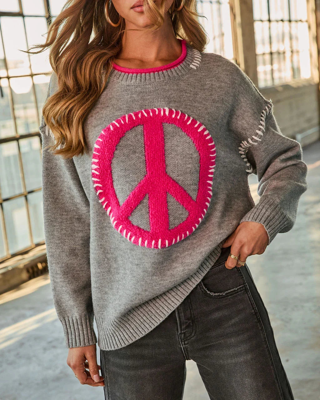 Peace Sign Vibes Long Sleeve Graphic Sweater