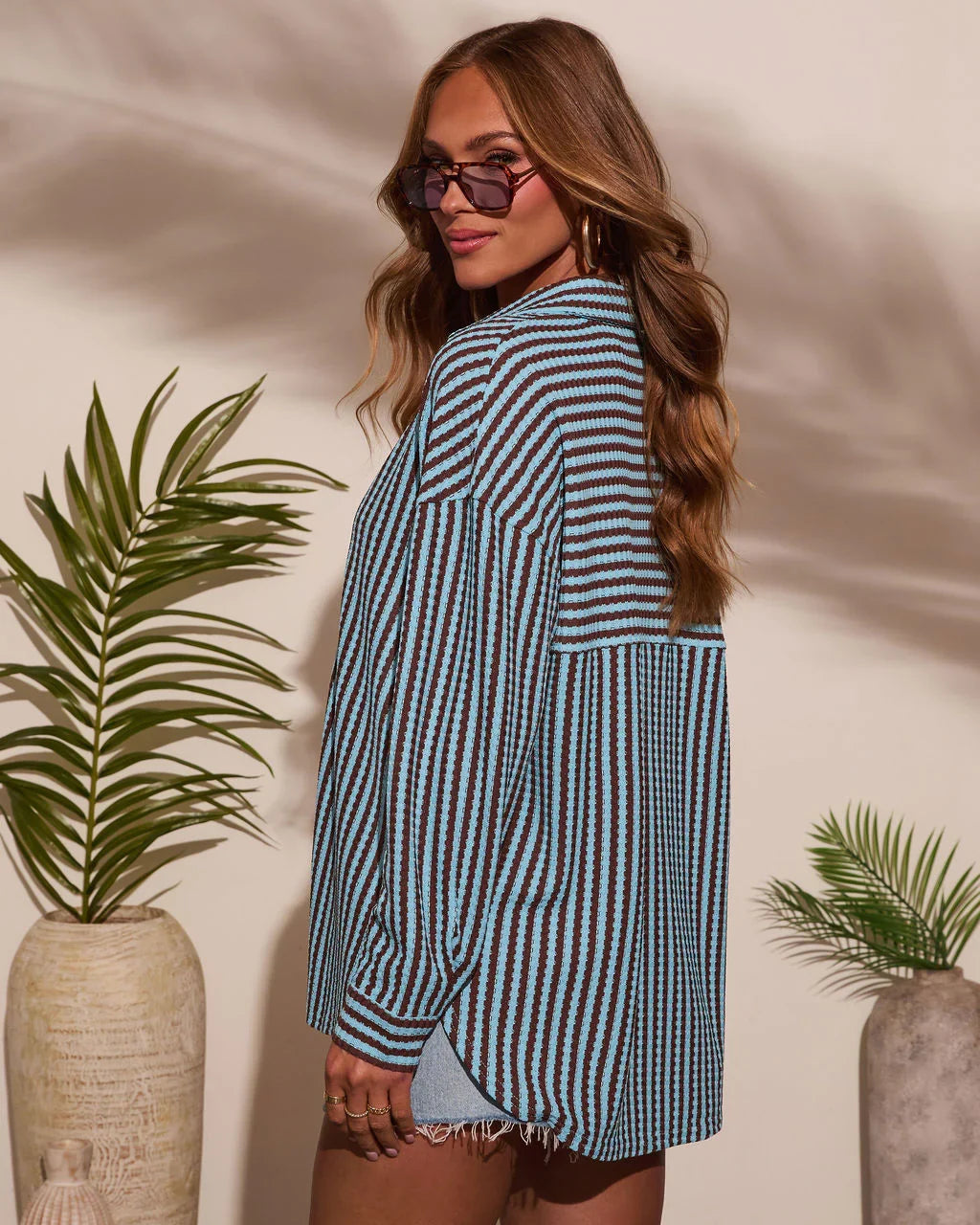 Deep End Contrast Stripe Button Down Top