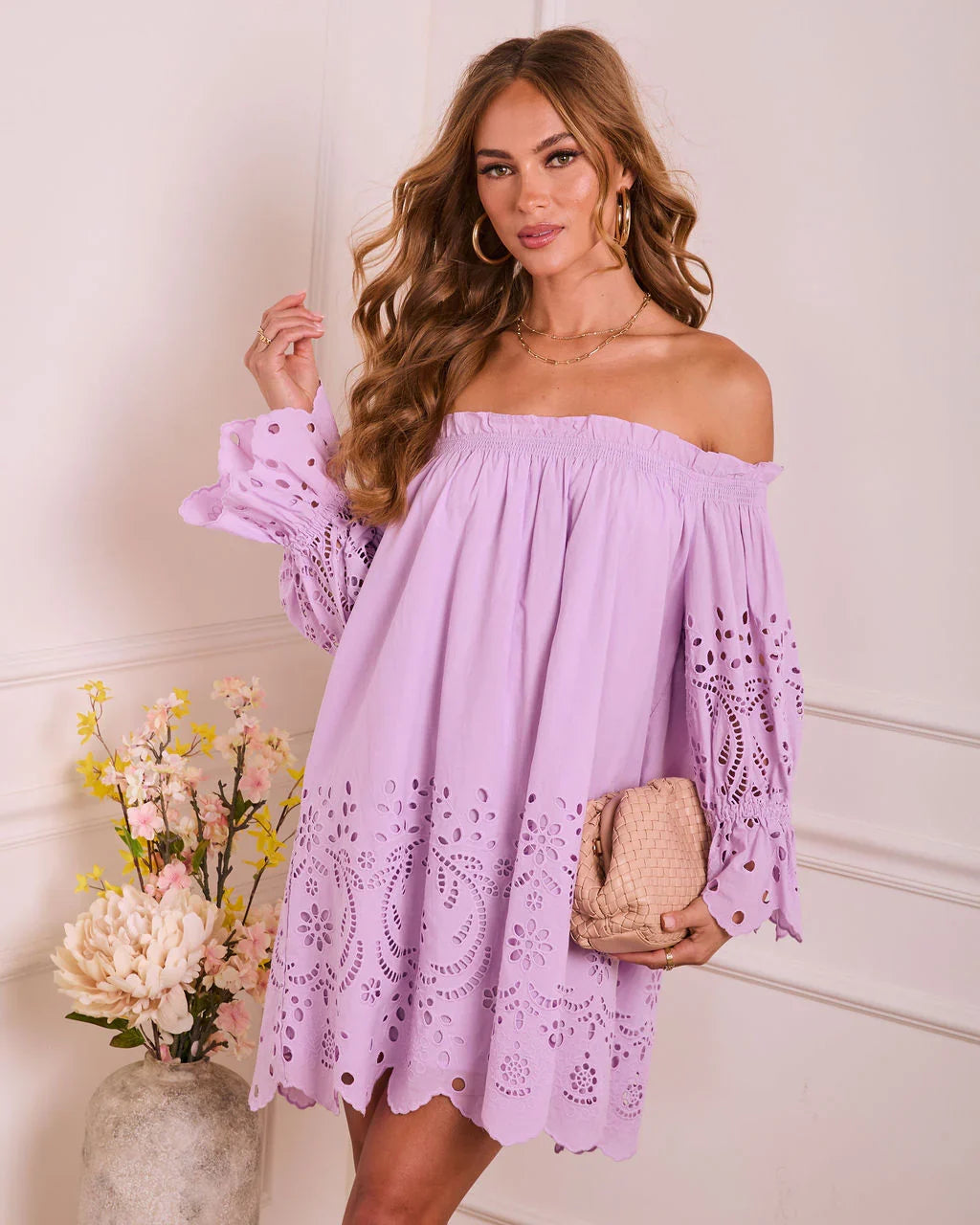 Inarah Eyelet Off The Shoulder Mini Dress