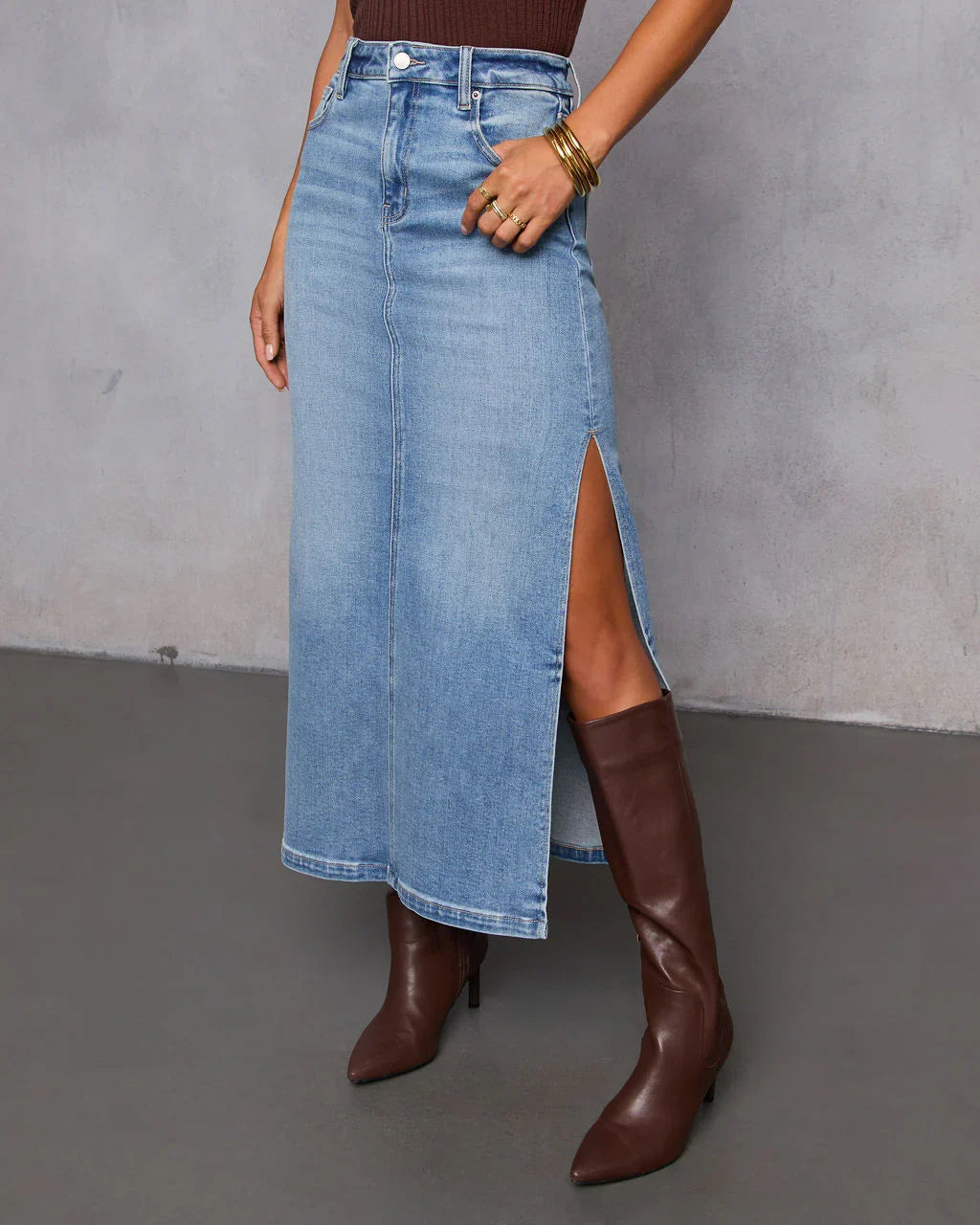 Chic Side Slit Denim Midi Skirt