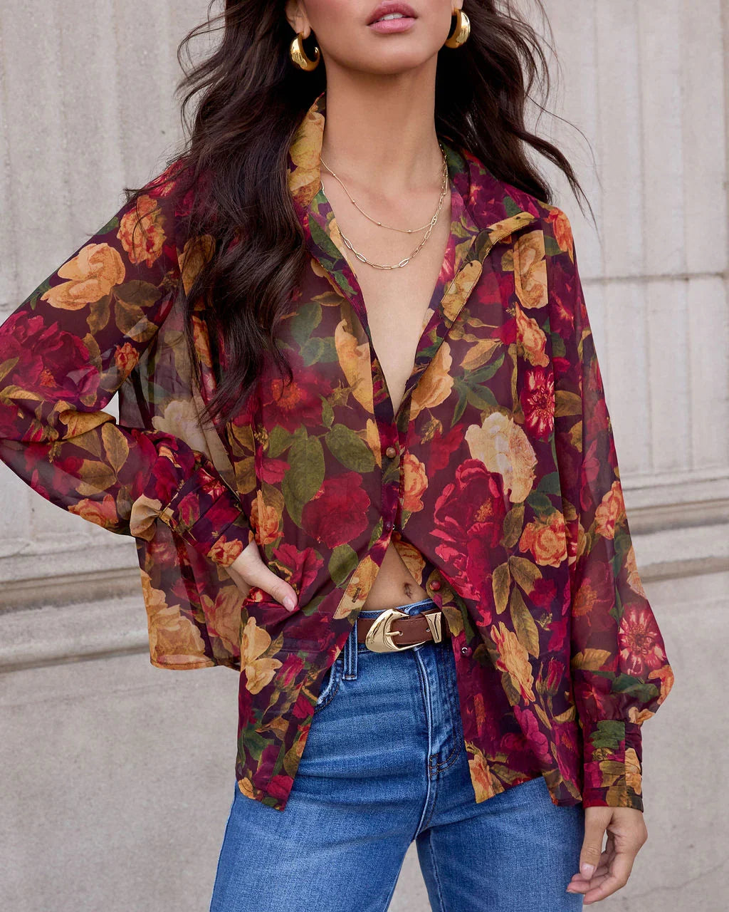 Sweet Maple Floral Mock Neck Blouse