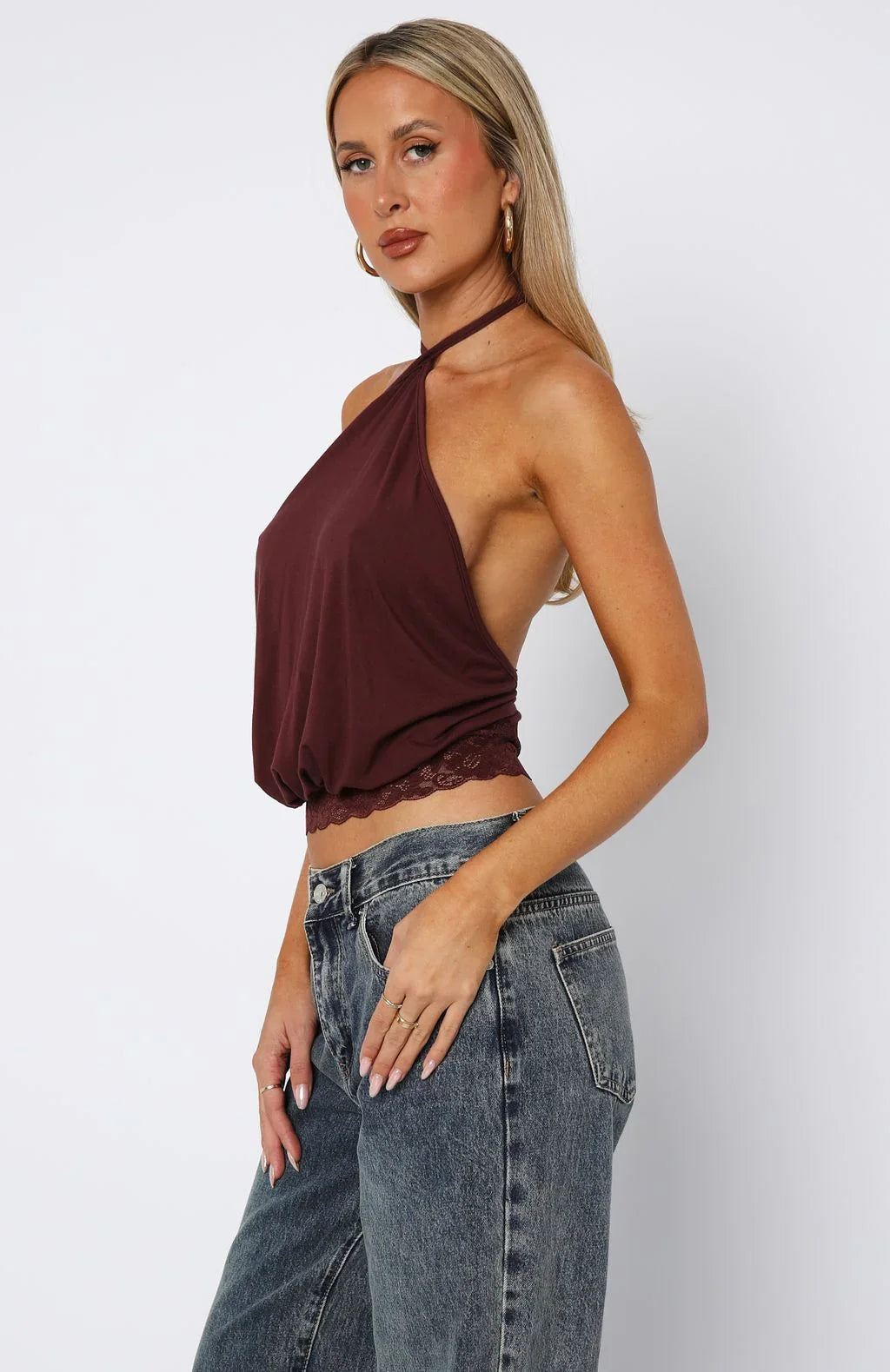 Endless Moment Cinched Waist Halter Top Burgundy