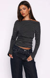 Another Time Cinched Waist Long Sleeve Top Black Stripe