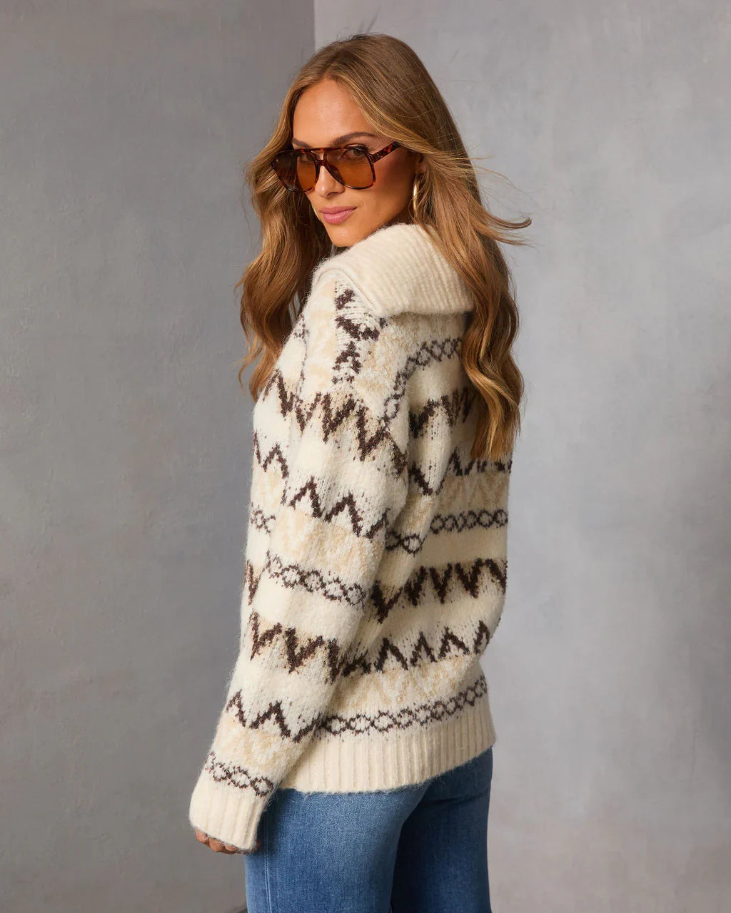 Maple Moon Knit Quarter Zip Print Sweater