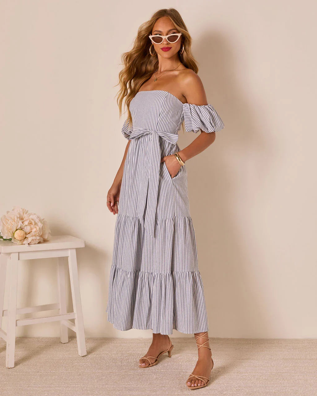 Annah Striped Off The Shoulder Maxi Dress