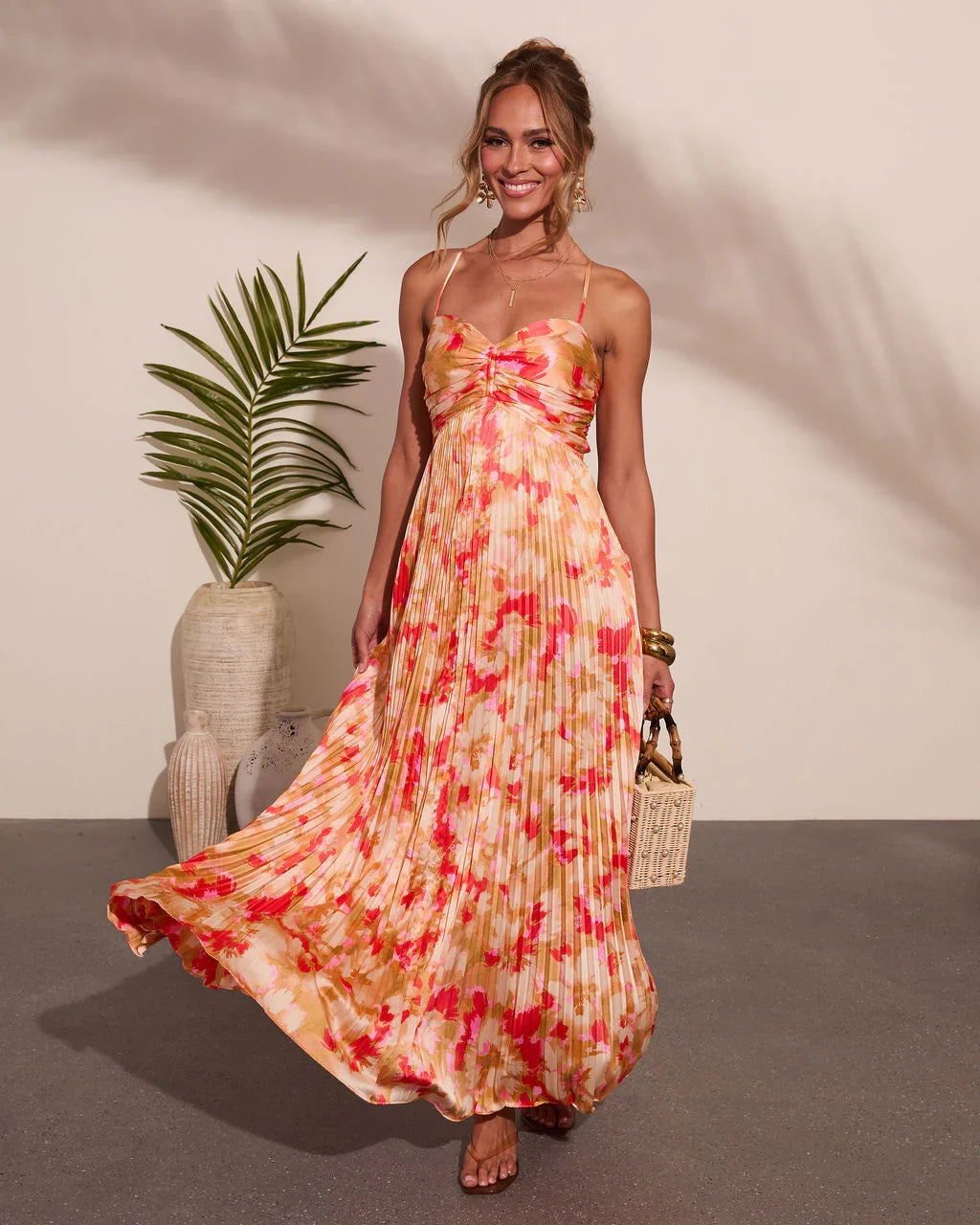 Sol Muse Floral Pleated Satin Maxi Dress