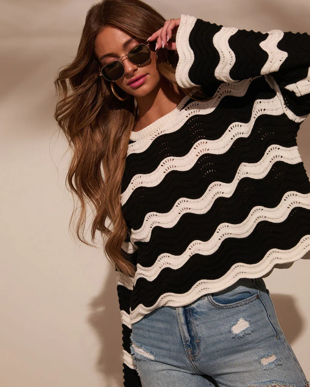 Janerio Wavy Striped Crochet Sweater