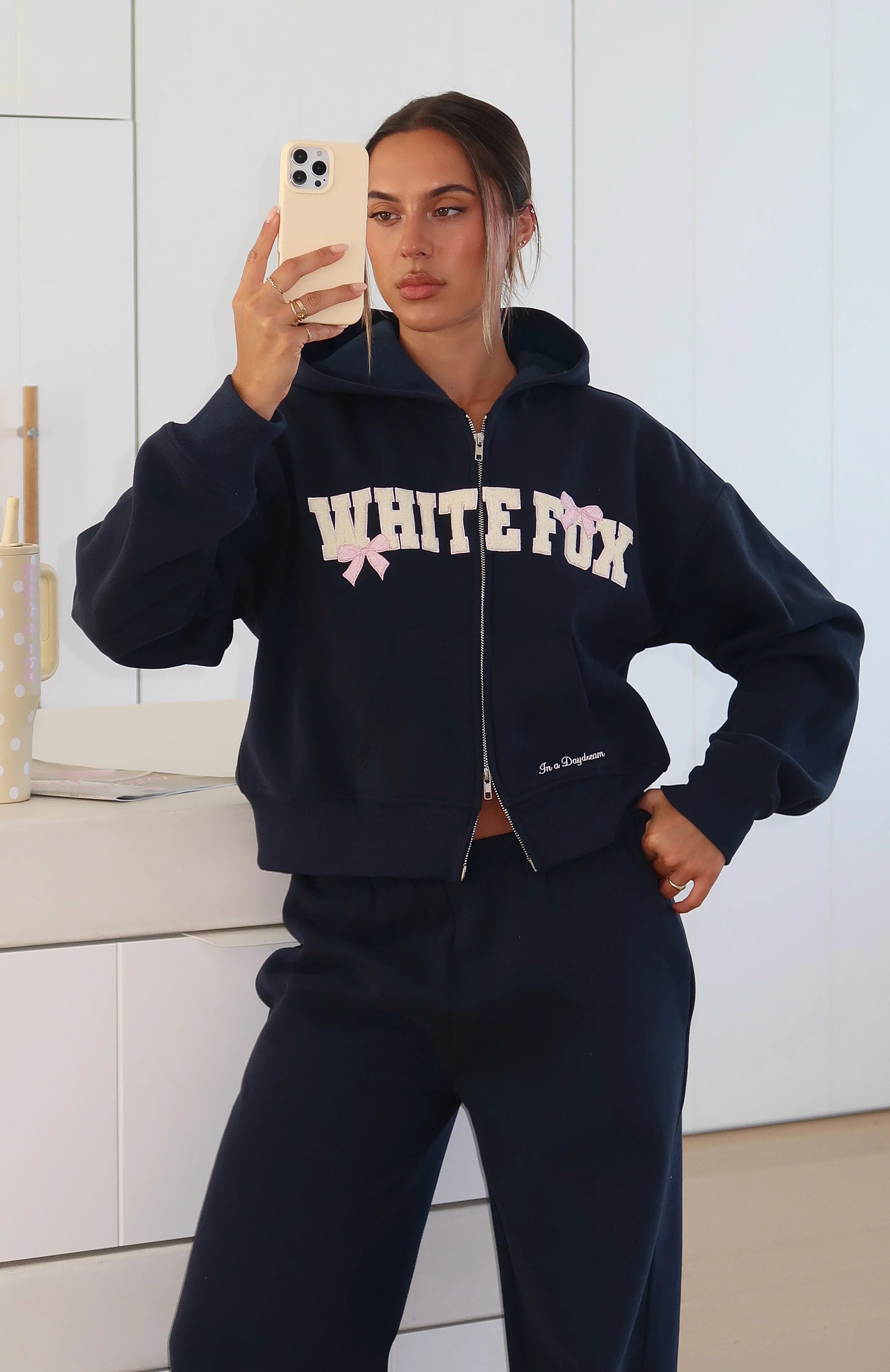 Daydreamers Madeline Boxy Zip Front Hoodie Navy