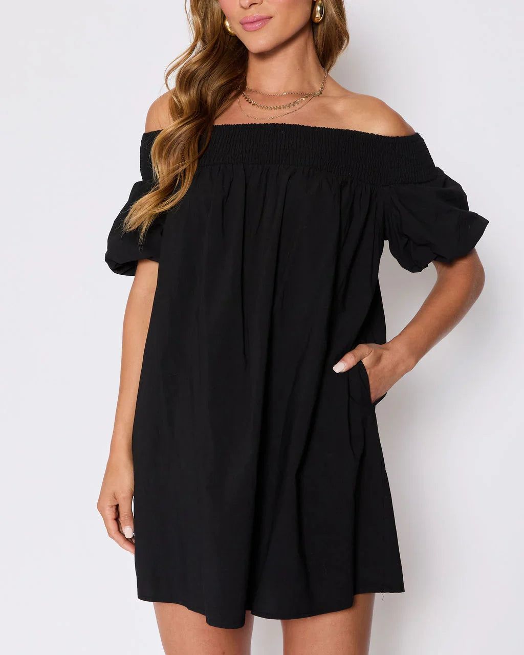 Lydia Cotton Smocked Off The Shoulder Mini Dress