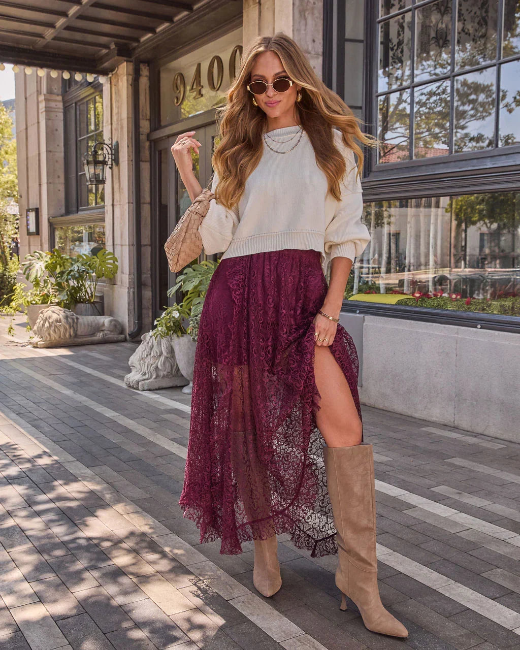 Mulled Wine Lace Midi Skirt