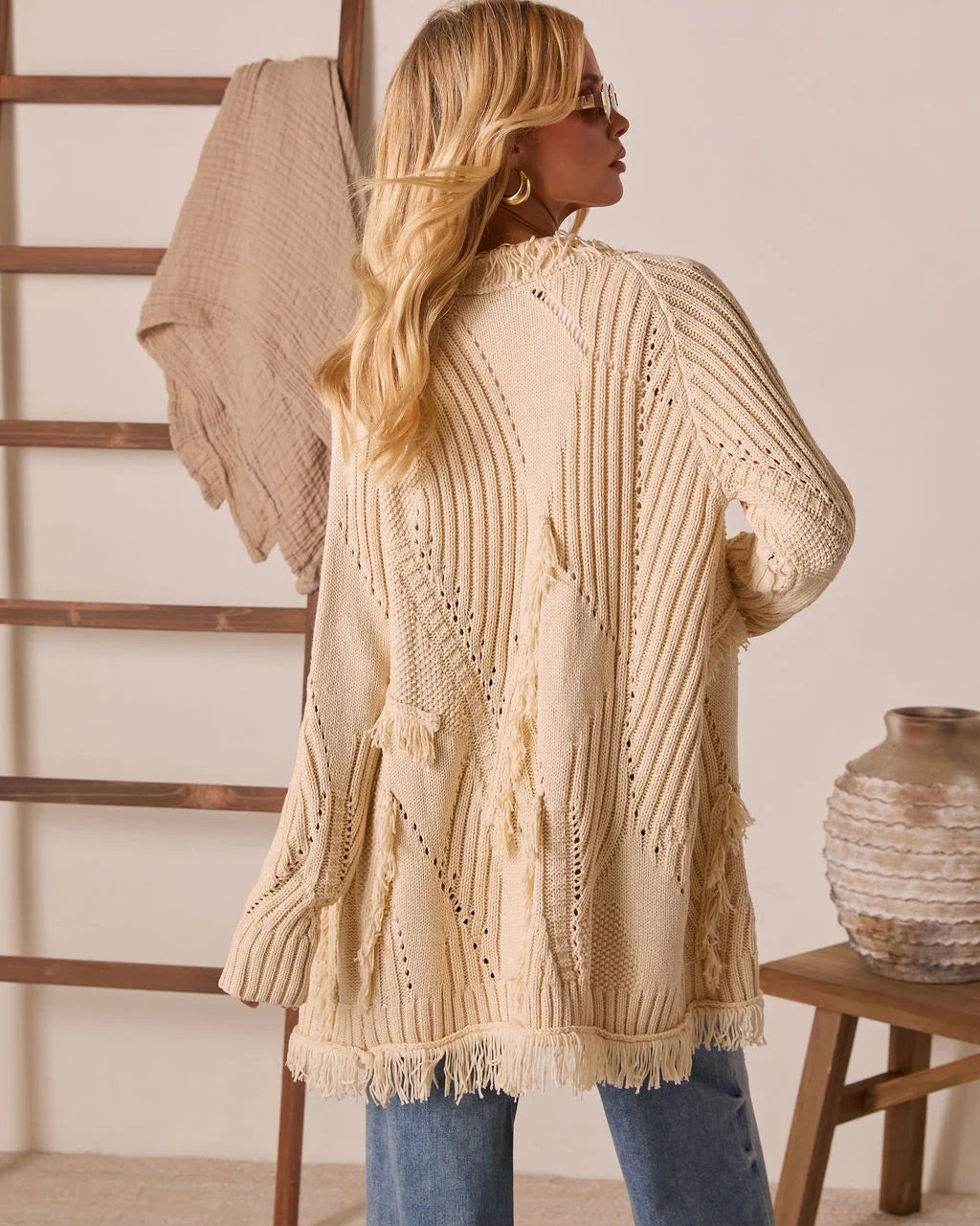 Past Season Fringe Open Front Sweater