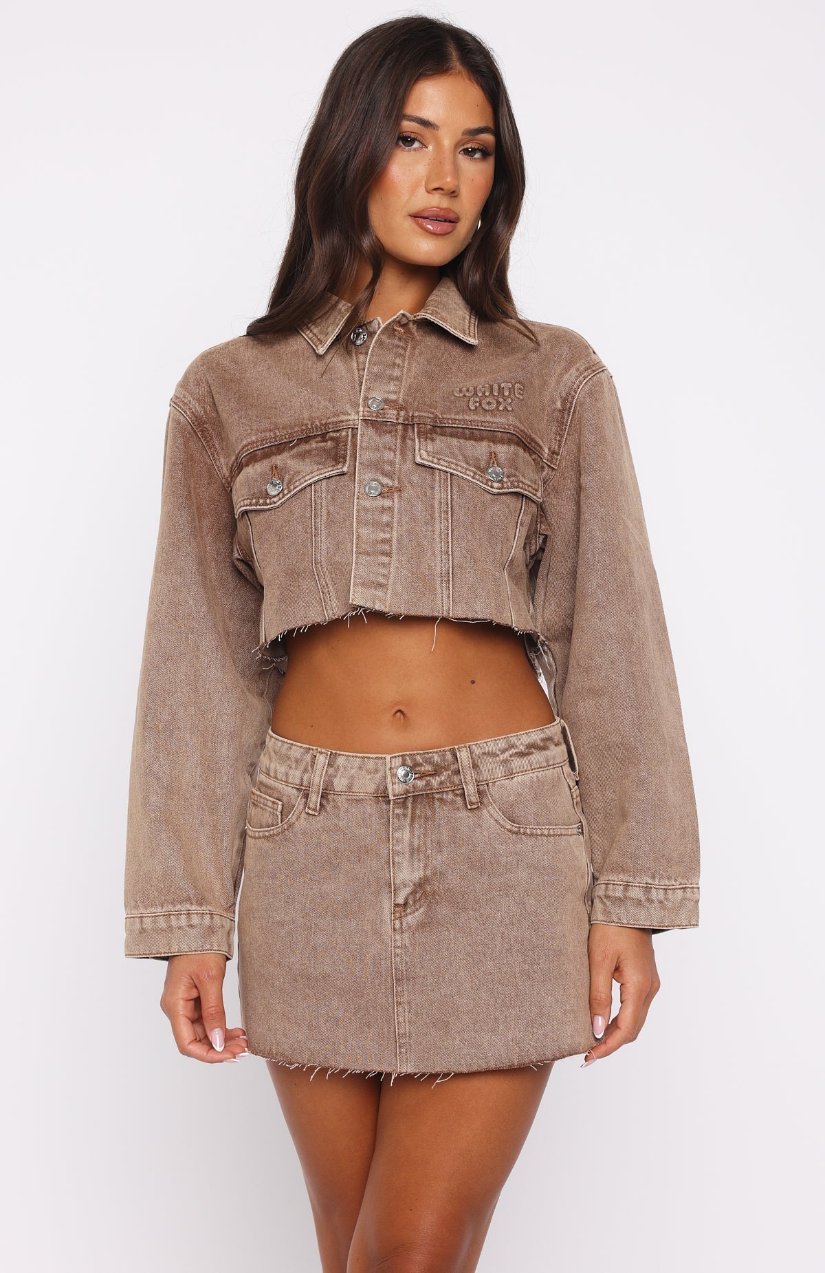 Something To Prove Cropped Denim Jacket Tan Wash