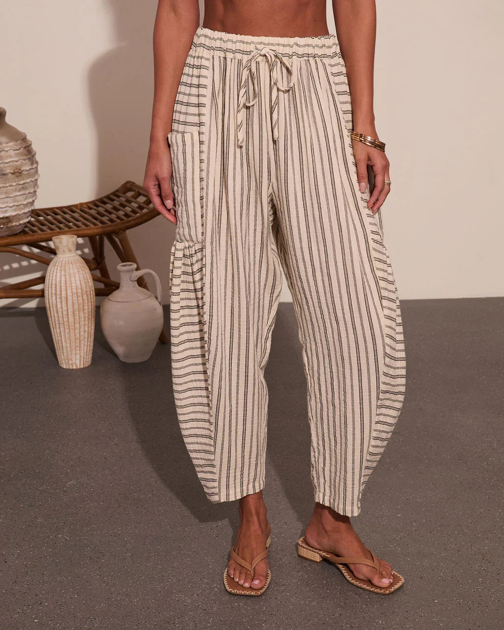 Yacht Day Striped Drawstring Cotton Wide Leg Pants
