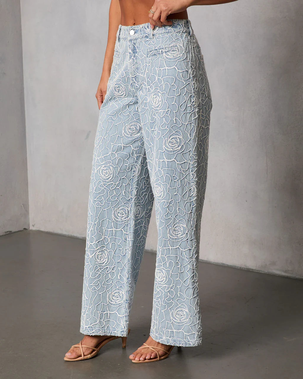 Early Bloom Rigid Embroidered Denim Wide Leg Jeans