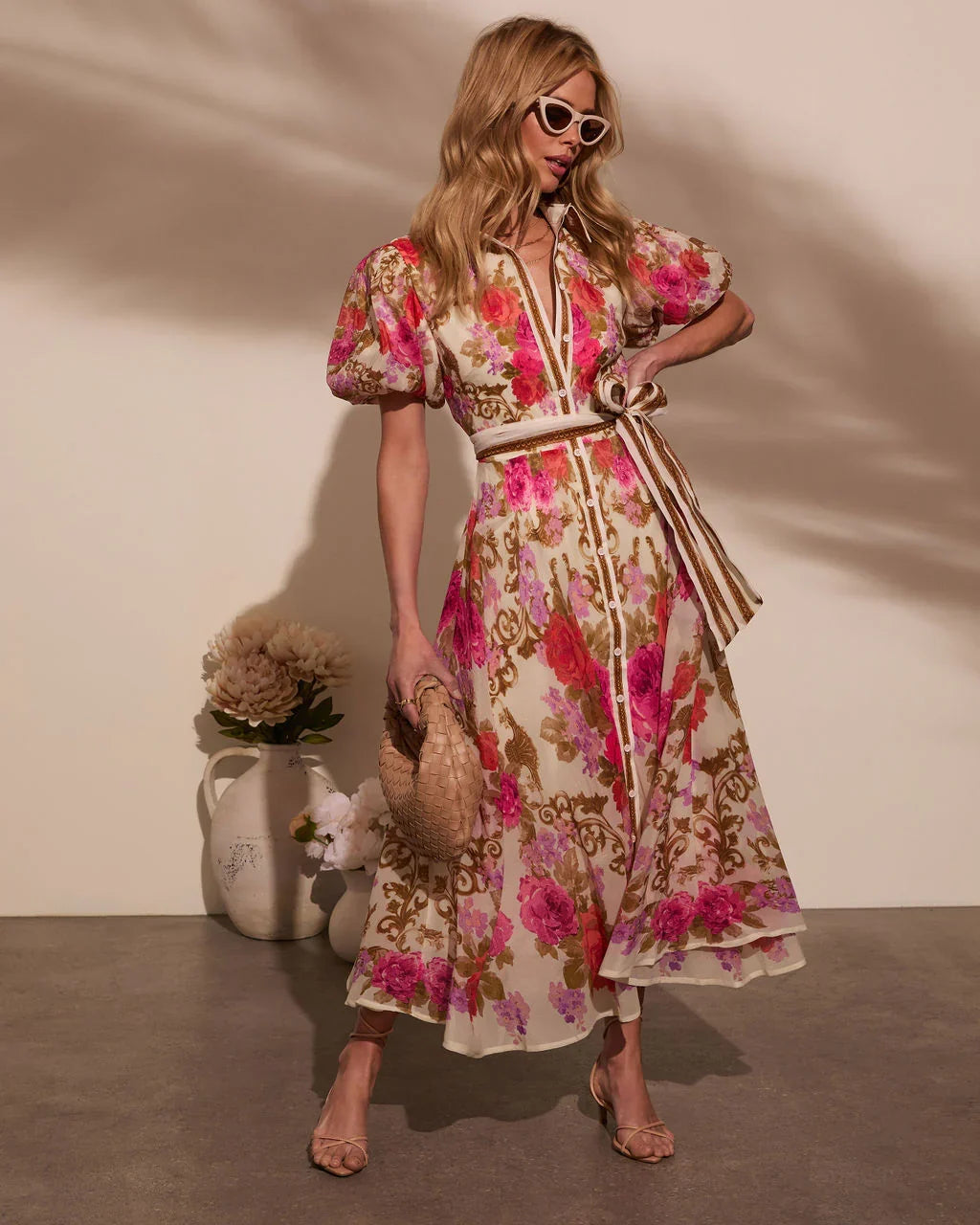 Meadowlane Floral Waist Tie Midi Dress
