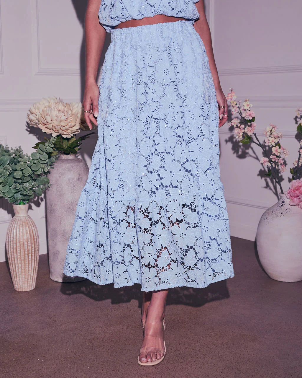 Morning Dew Floral Lace Midi Skirt