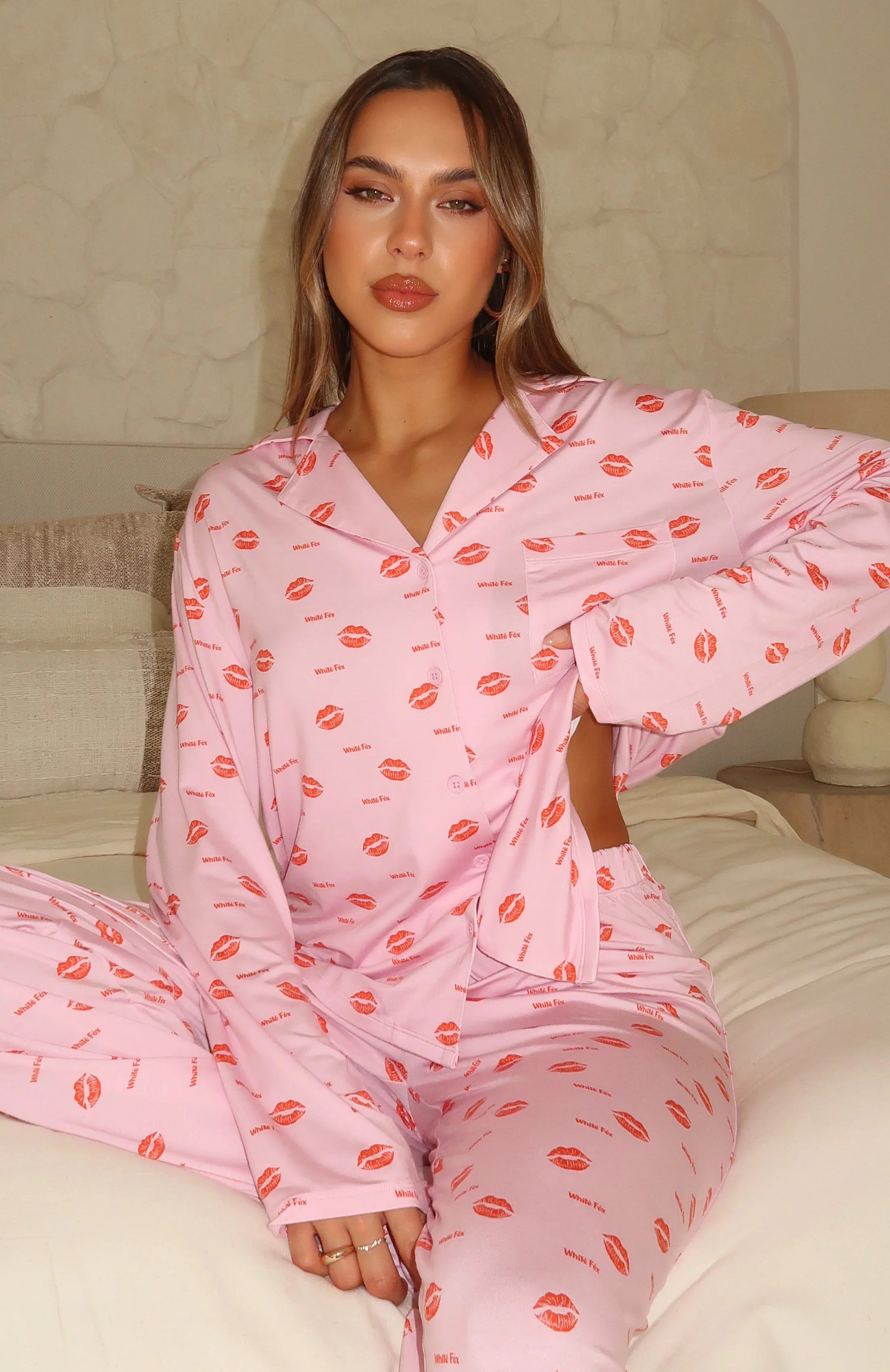 Pillow Talk Printed Long Sleeve Pyjama Set Strawberry Kisses