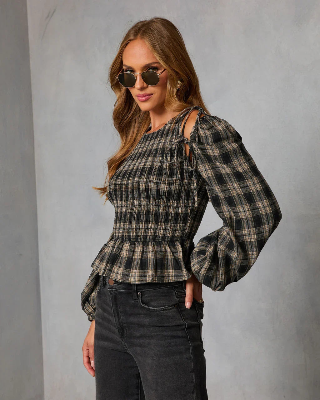 Veralie Smocked Plaid Peplum Top