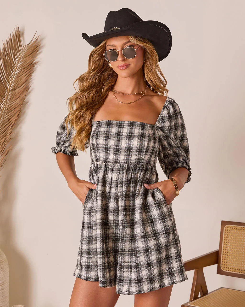 Lannie Puff Sleeve Plaid Romper