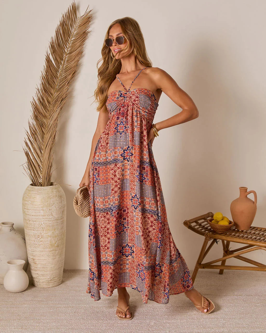 Eliora Tropical Print Halter Maxi Dress