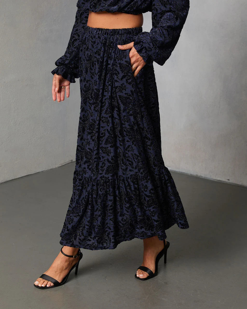 Miriza Flocked Mesh Velvet Midi Skirt