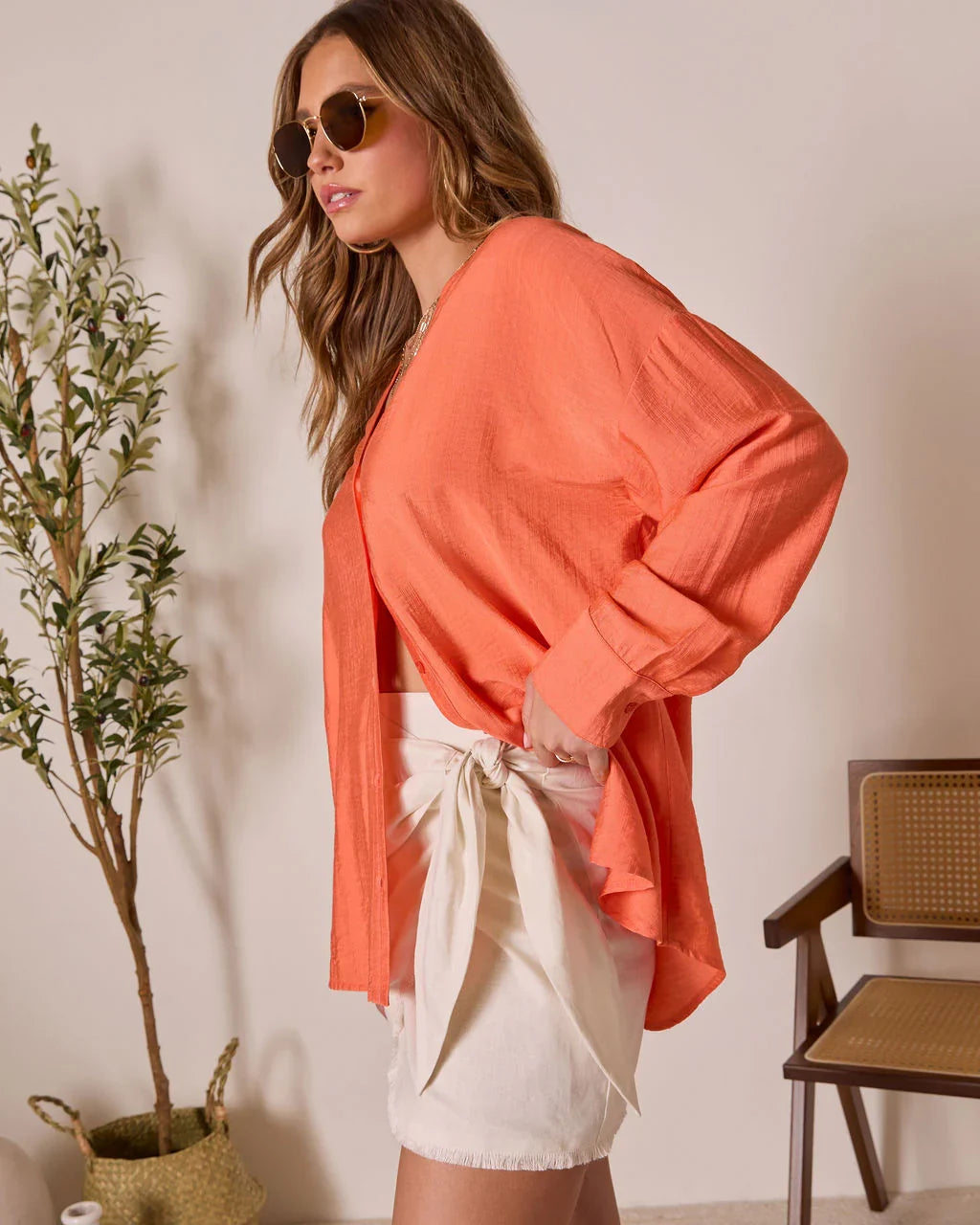 House Of Sun Satin Button Up Top