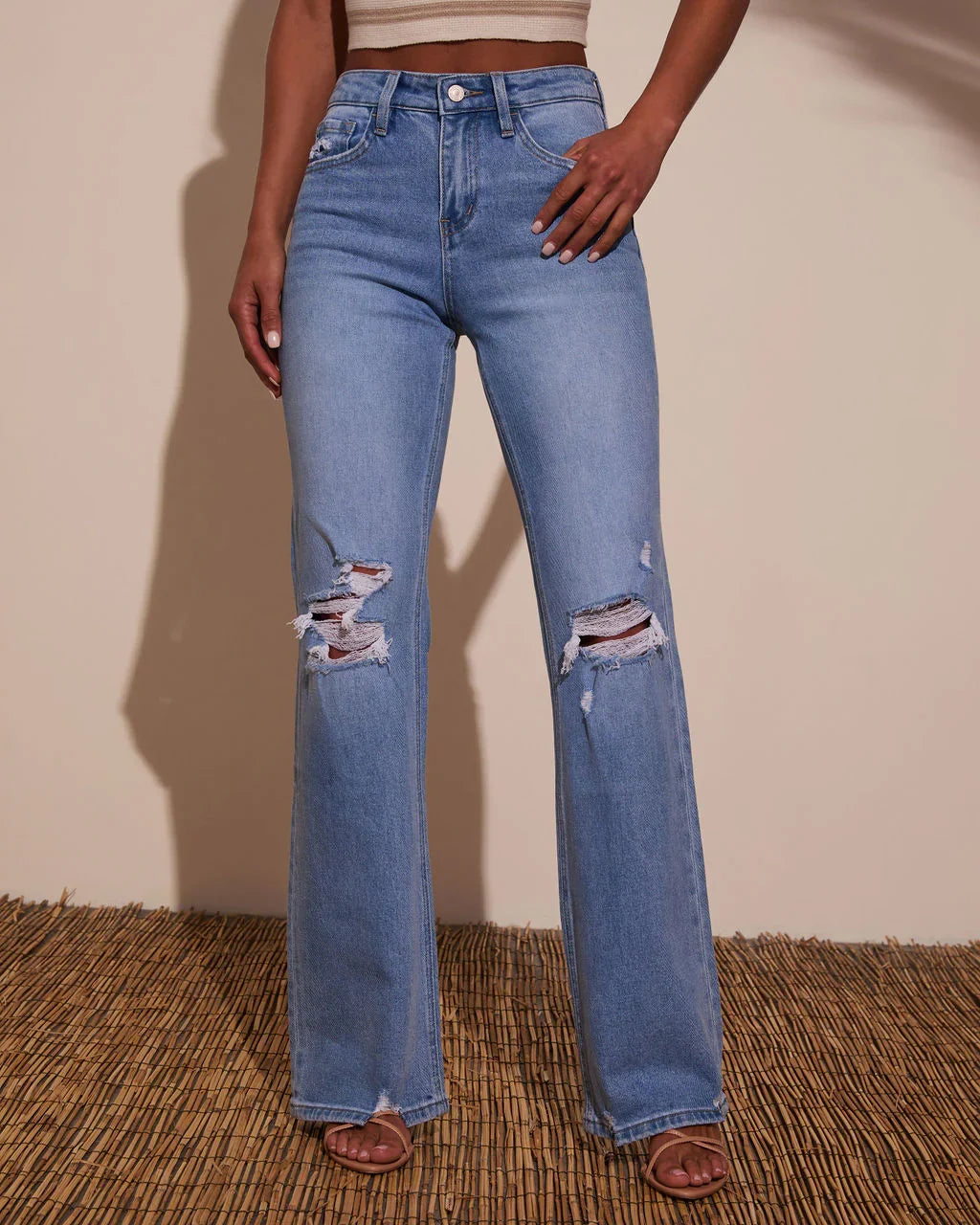 Katie Stretch Distressed Wide Leg Jeans
