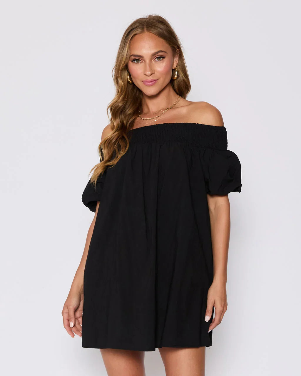 Lydia Cotton Smocked Off The Shoulder Mini Dress