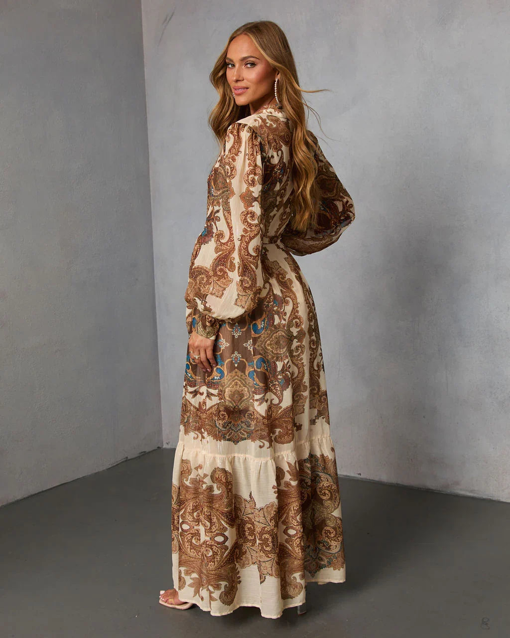Echo Note Printed Waist Tie Maxi Dress