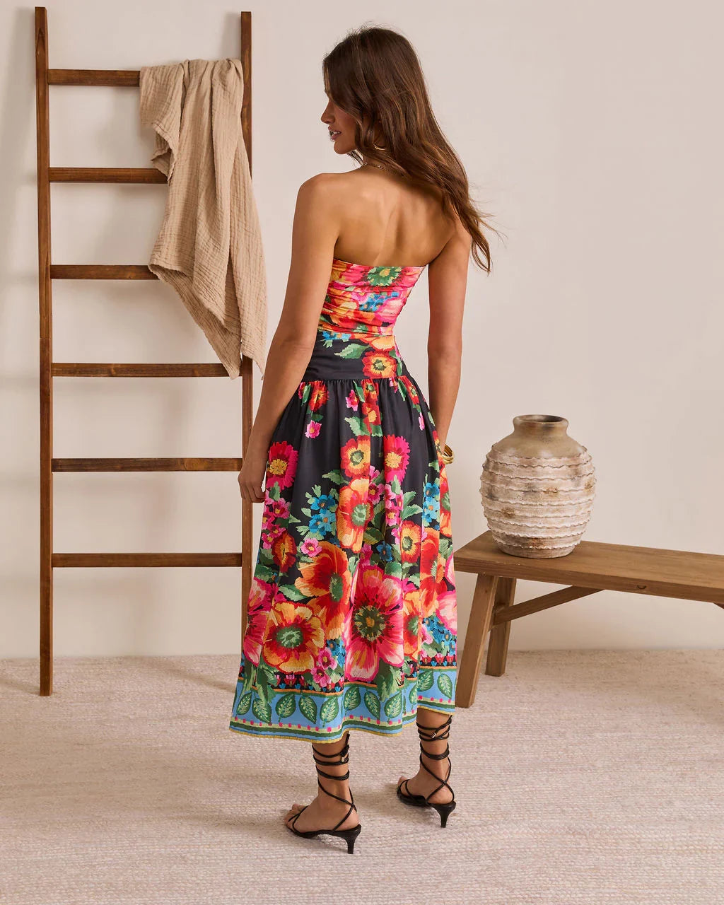 Resort Afternoon Strapless Floral Midi Dress