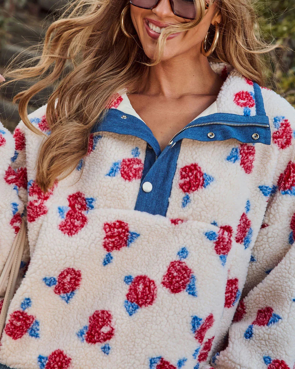 Adilia Printed Fleece Denim Trim Sweatshirt