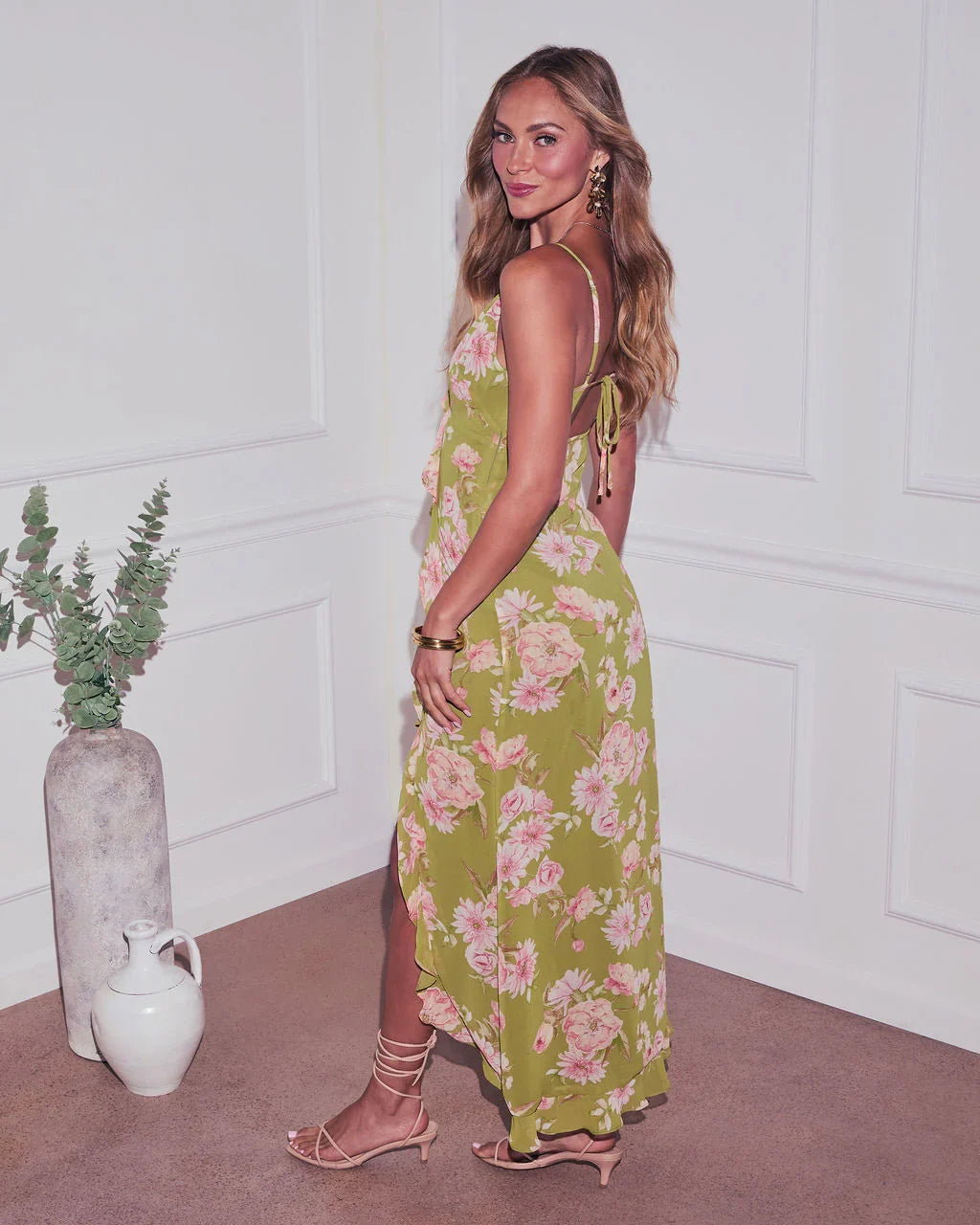 Capriccio Satin Floral Ruffle Maxi Dress