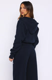 Wishing For It Cropped Cinched Zip Front Hoodie Navy