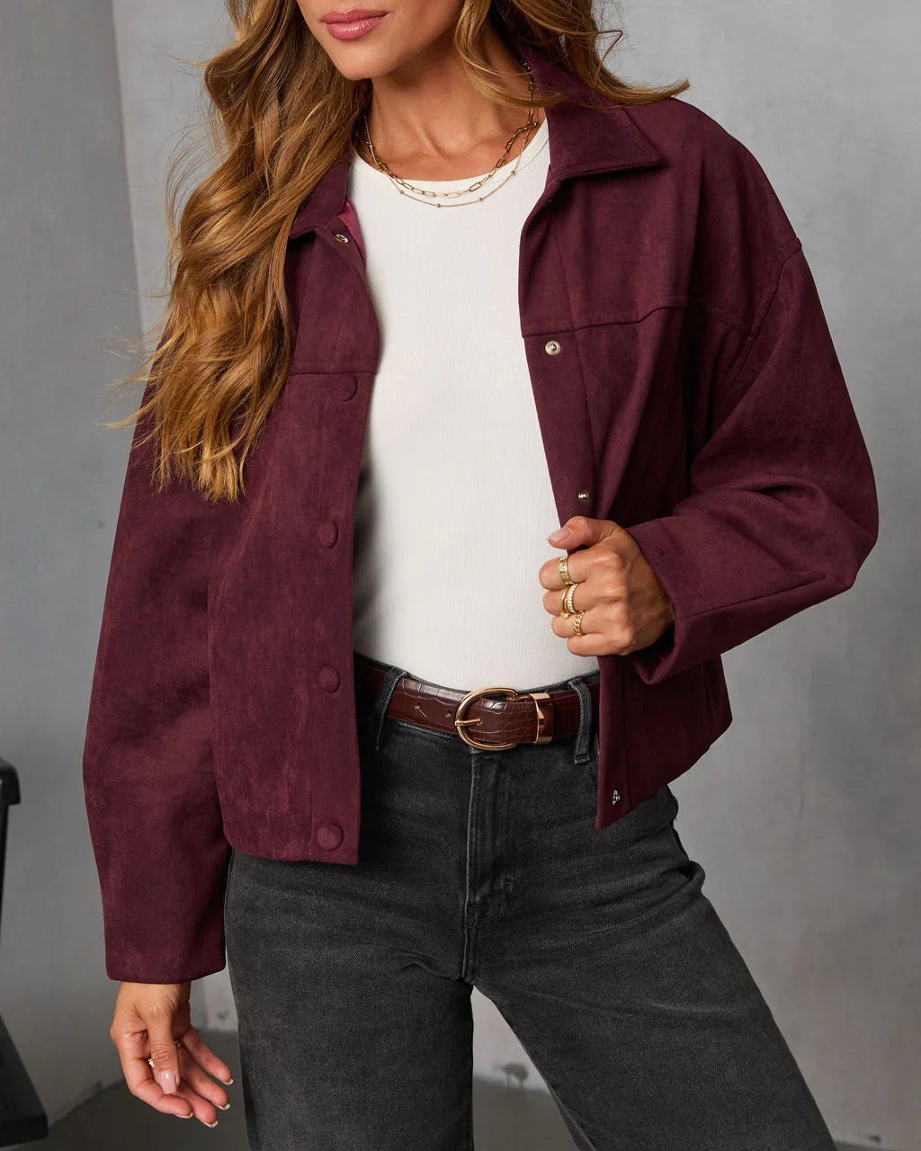 Plum Skies Suede Front Button Shirt Jacket