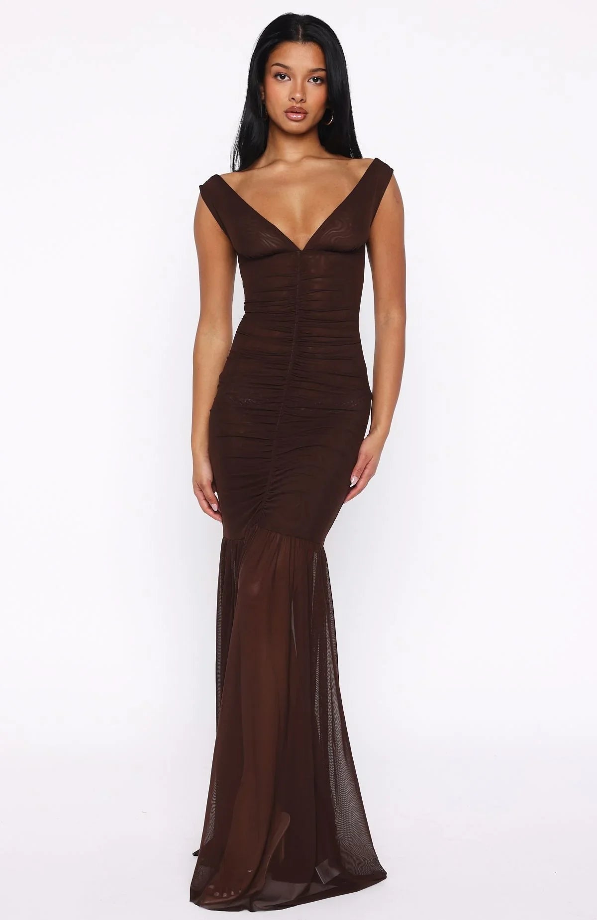 Just A Peak Mesh Maxi Dress Chocolate
