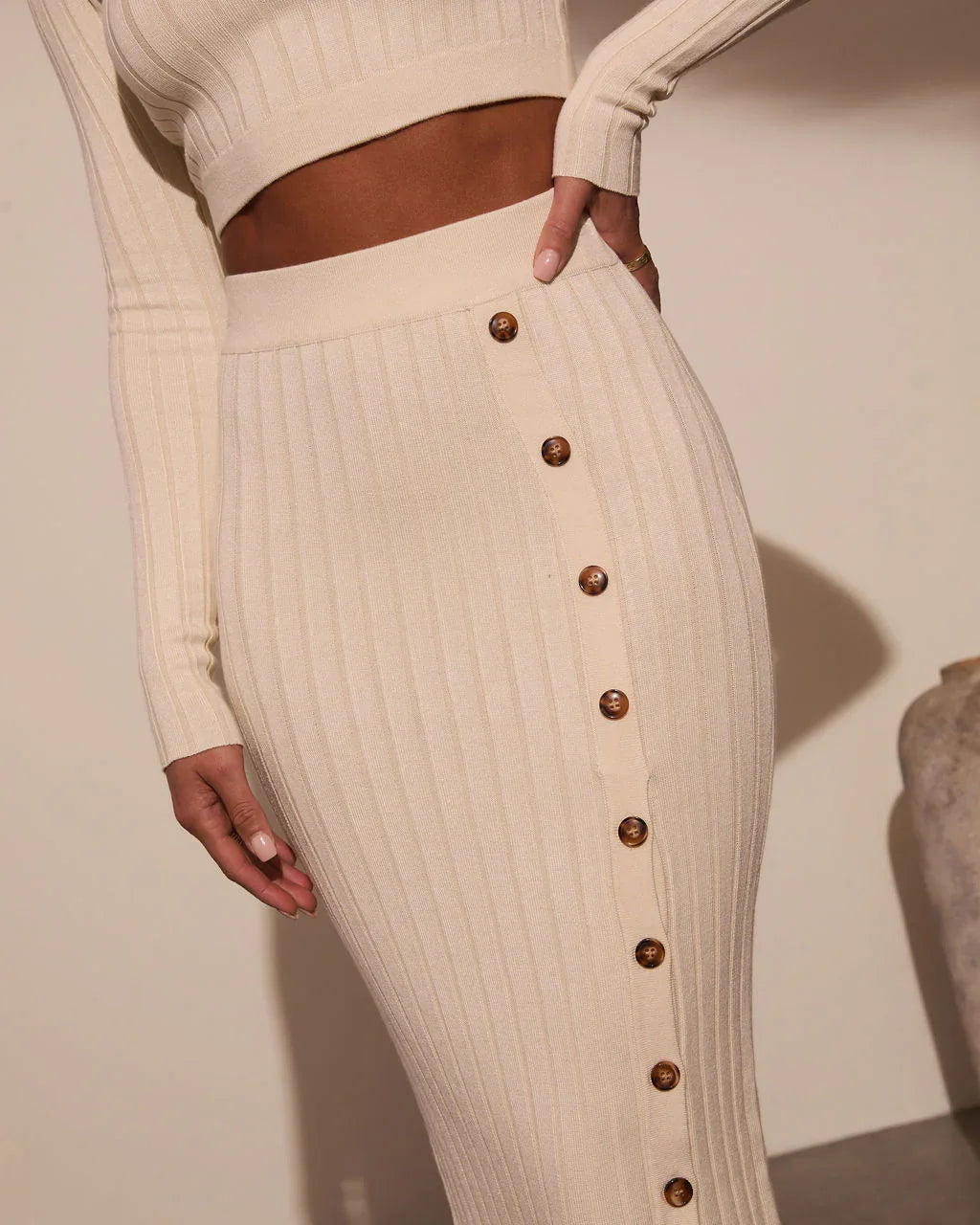 Morning Tide Ribbed Side Button Maxi Skirt