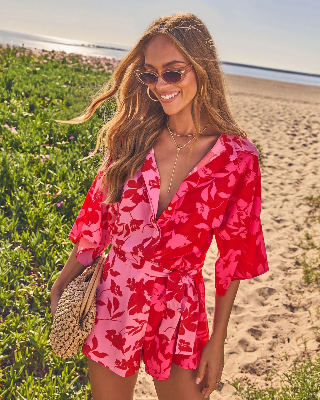 Shaney Color Block Waist Tie Floral Romper