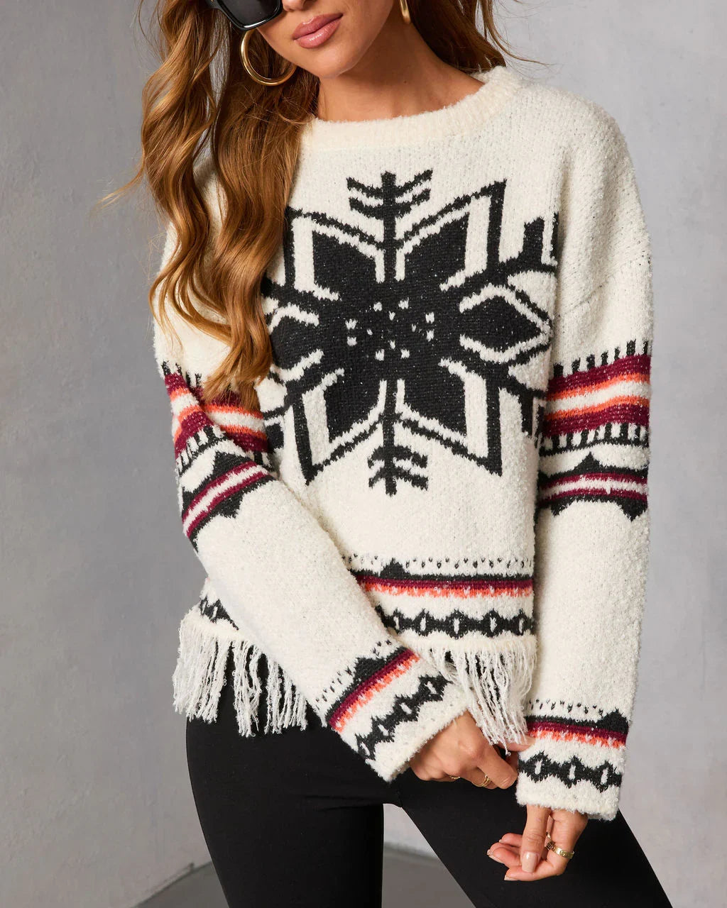 Dreval Fringe Snowflake Fair Isle Sweater